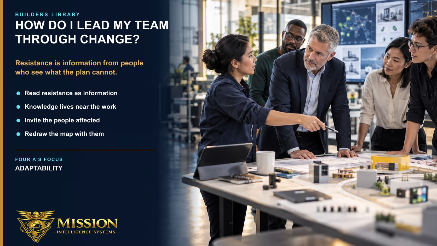 A frontline professional identifies an implementation constraint while a senior leader and multidisciplinary team listen and revise the plan.