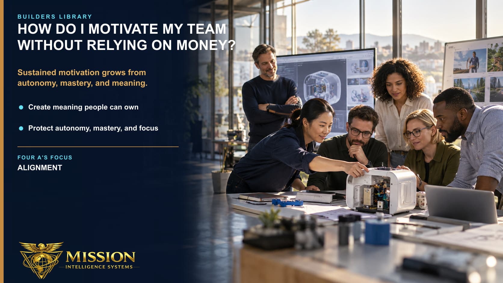 A multidisciplinary team examines a meaningful working prototype with pride while its leader stands back and leaves ownership with the builders.