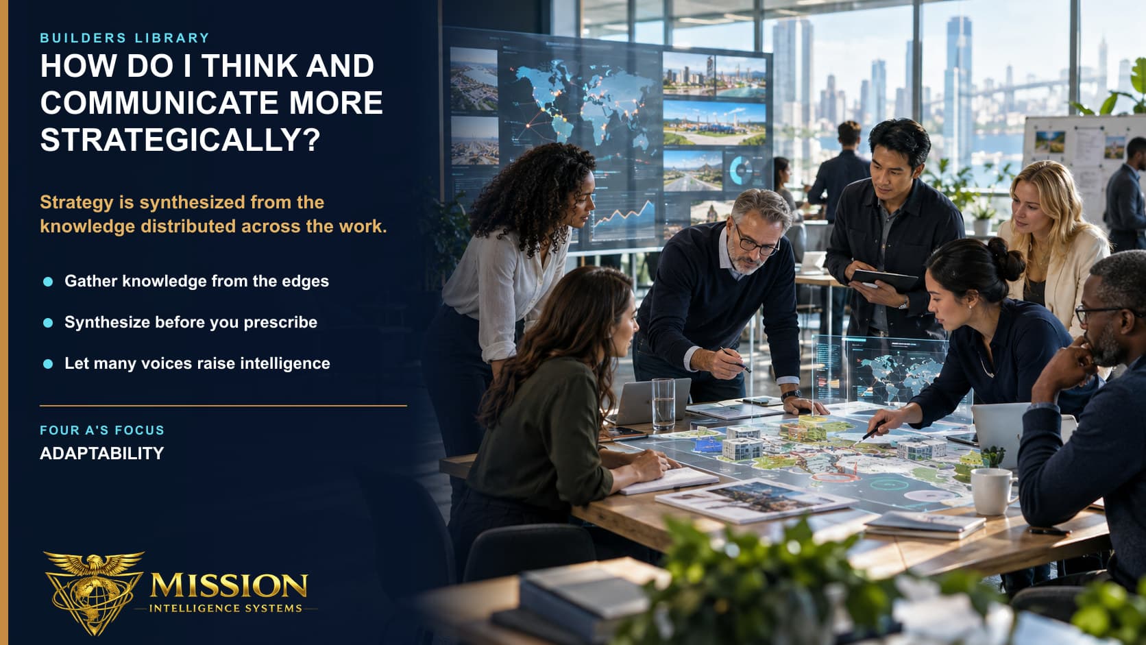 A diverse team contributes evidence to a shared operating map while a leader connects their distributed knowledge into strategy.