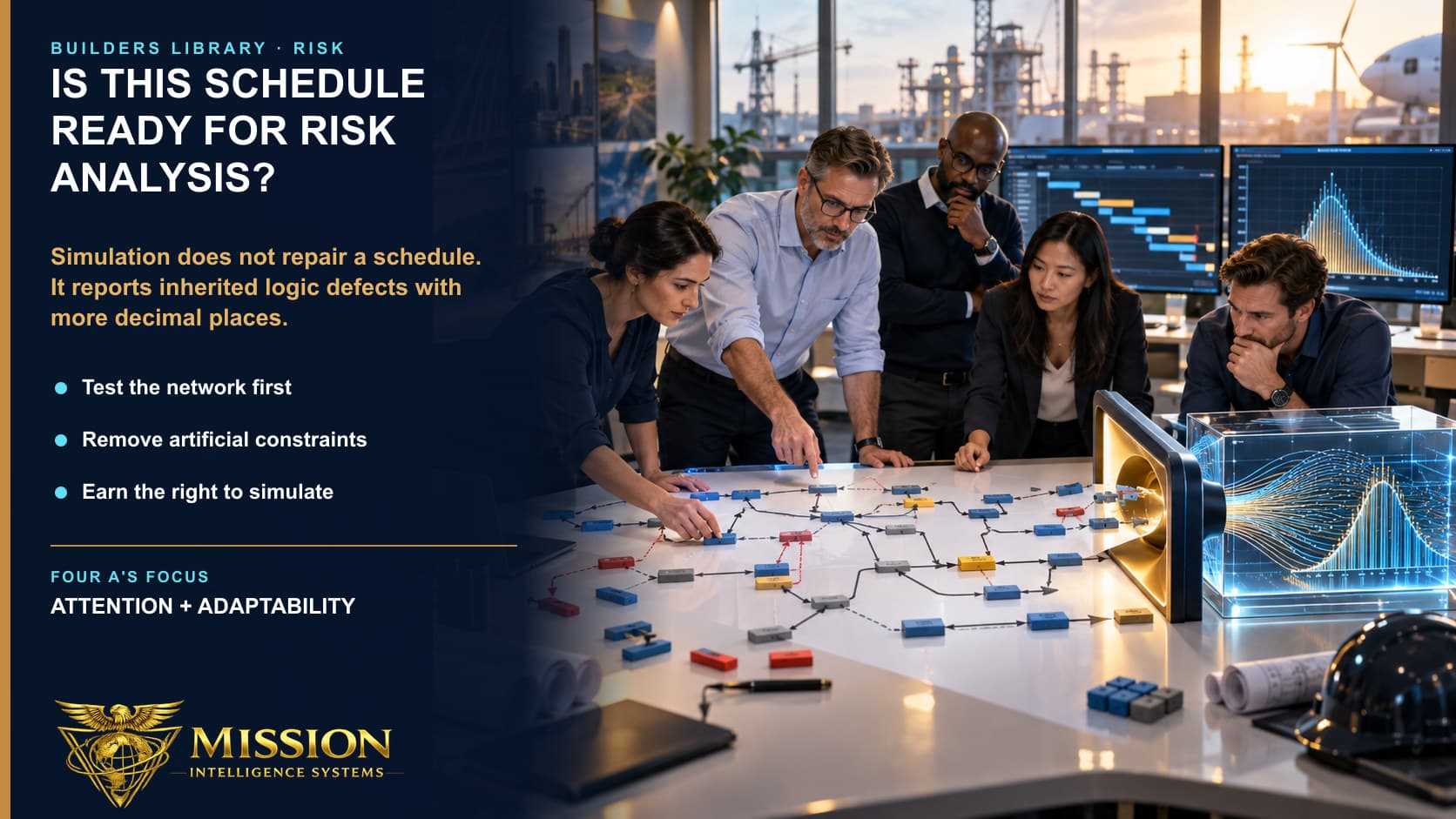 A program team repairs missing links and artificial constraints in a schedule network before allowing it to enter a simulation engine.