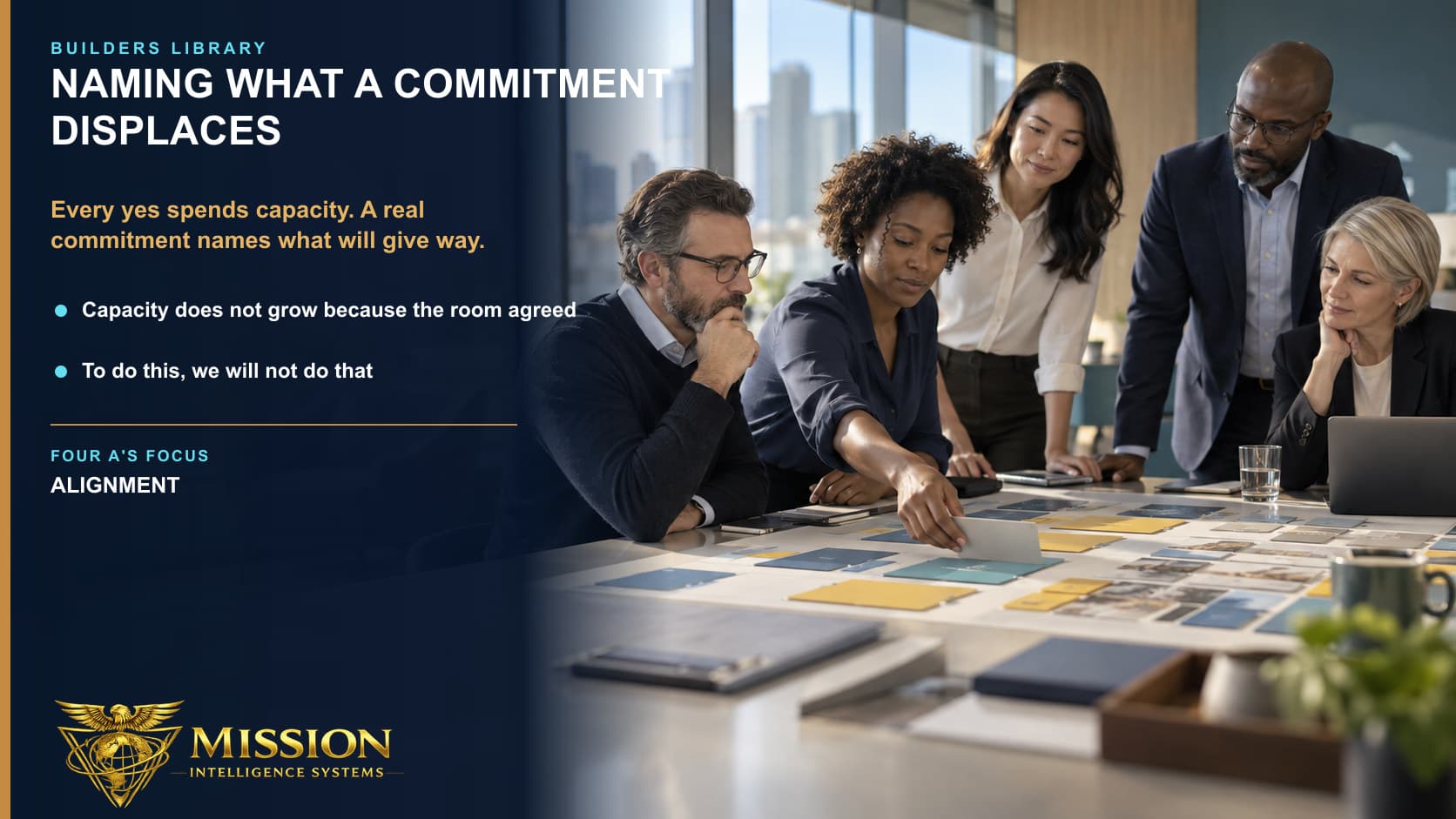 A leadership team deliberately removes a lower-priority initiative while allocating limited capacity to one chosen mission outcome.