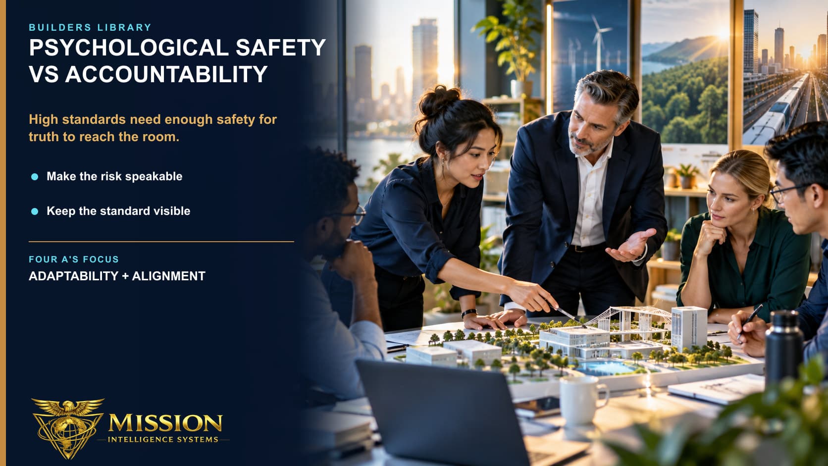 A team member surfaces a risk while the leader keeps both the quality standard and the room for honest discussion visible.