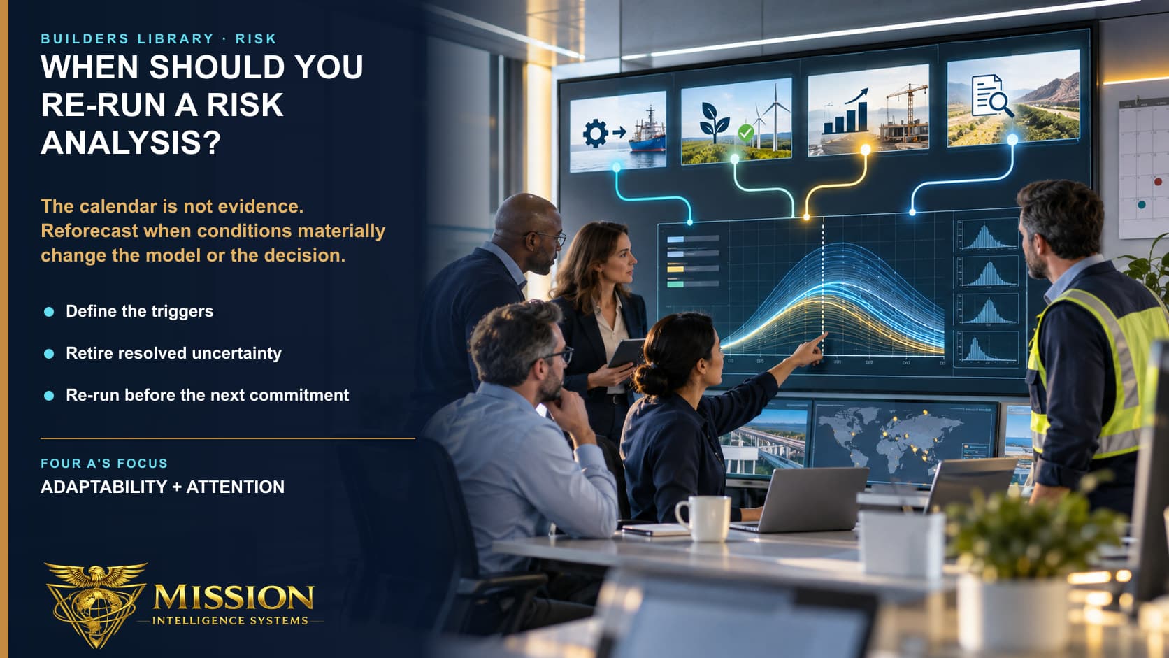 A program team updates its forecast when scope, evidence, schedule, and retired-risk conditions change rather than waiting for a calendar date.
