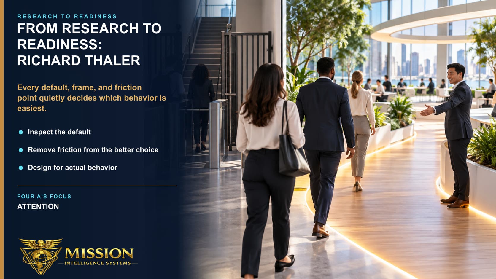 Professionals move toward the easier of two workplace paths, showing how defaults and friction shape behavior before anyone makes a deliberate choice.