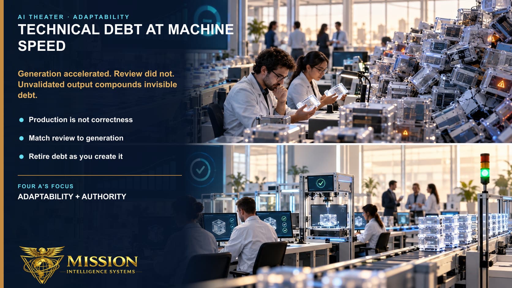 An automated generation line produces modules faster than human reviewers can inspect them, leaving unchecked work to accumulate.