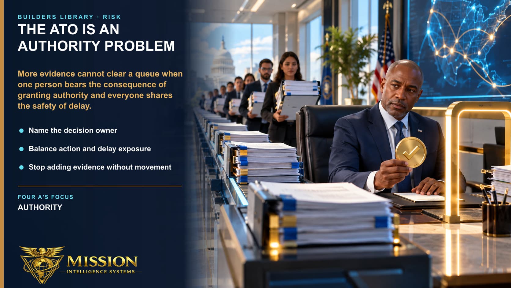 One authorizing official holds the residual-risk decision token at the end of a long queue of security evidence that cannot resolve the authority bottleneck.