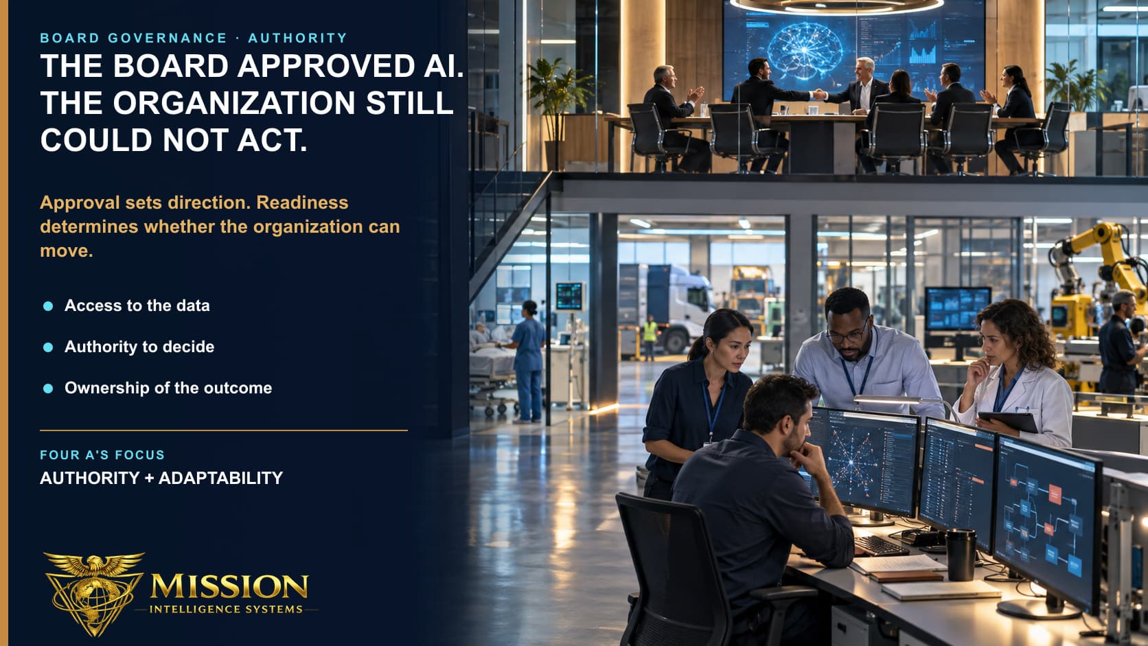 A board completes an AI approval while the capable operating team below remains blocked by inaccessible data, crossed decision paths, and unclear ownership.