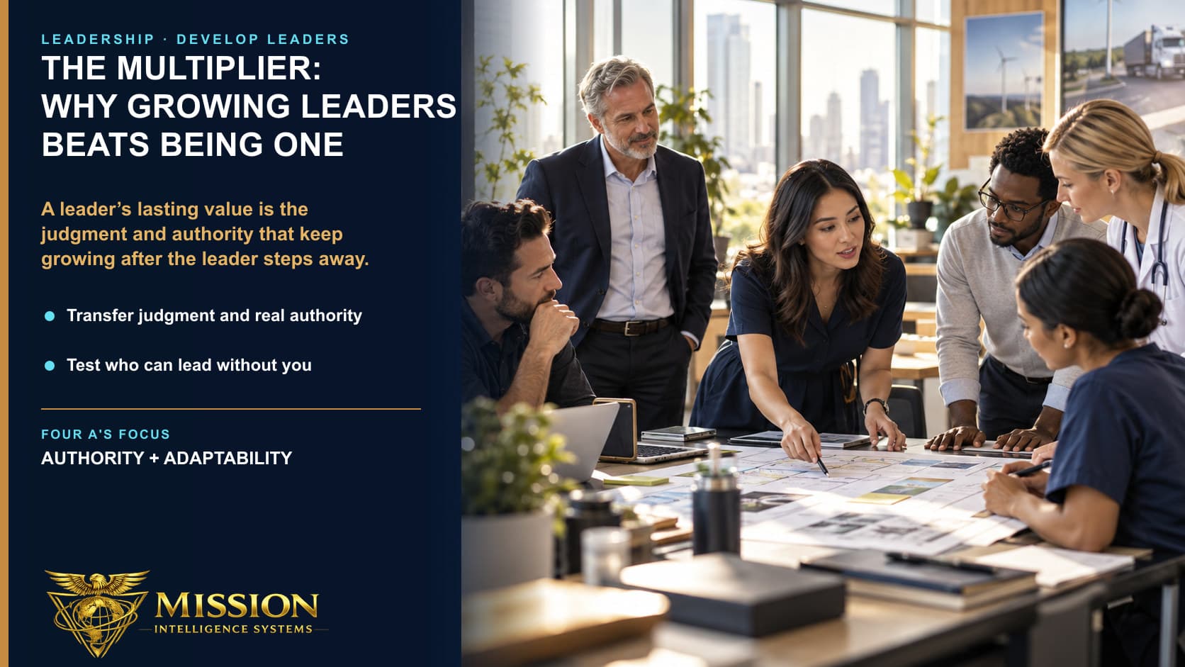 An experienced leader steps back while an emerging leader guides a diverse team through a consequential operating decision.
