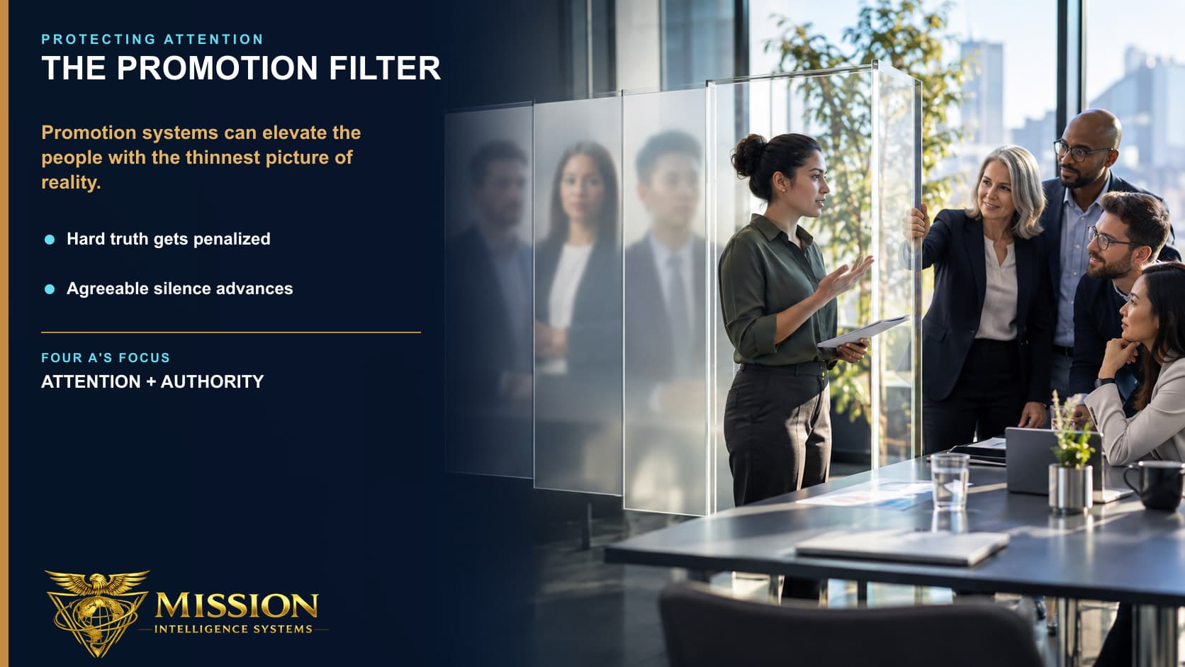 A promotion review panel opens its decision filter to include a capable professional presenting difficult operating truth.