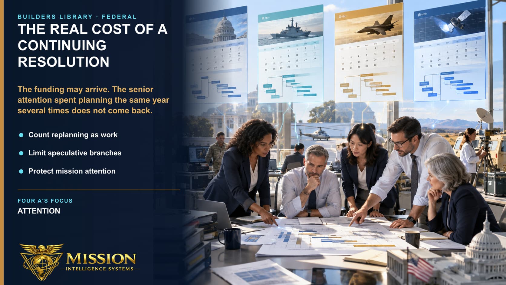 A federal leadership team plans the same operating year across several funding scenarios while actual mission work waits in the background.
