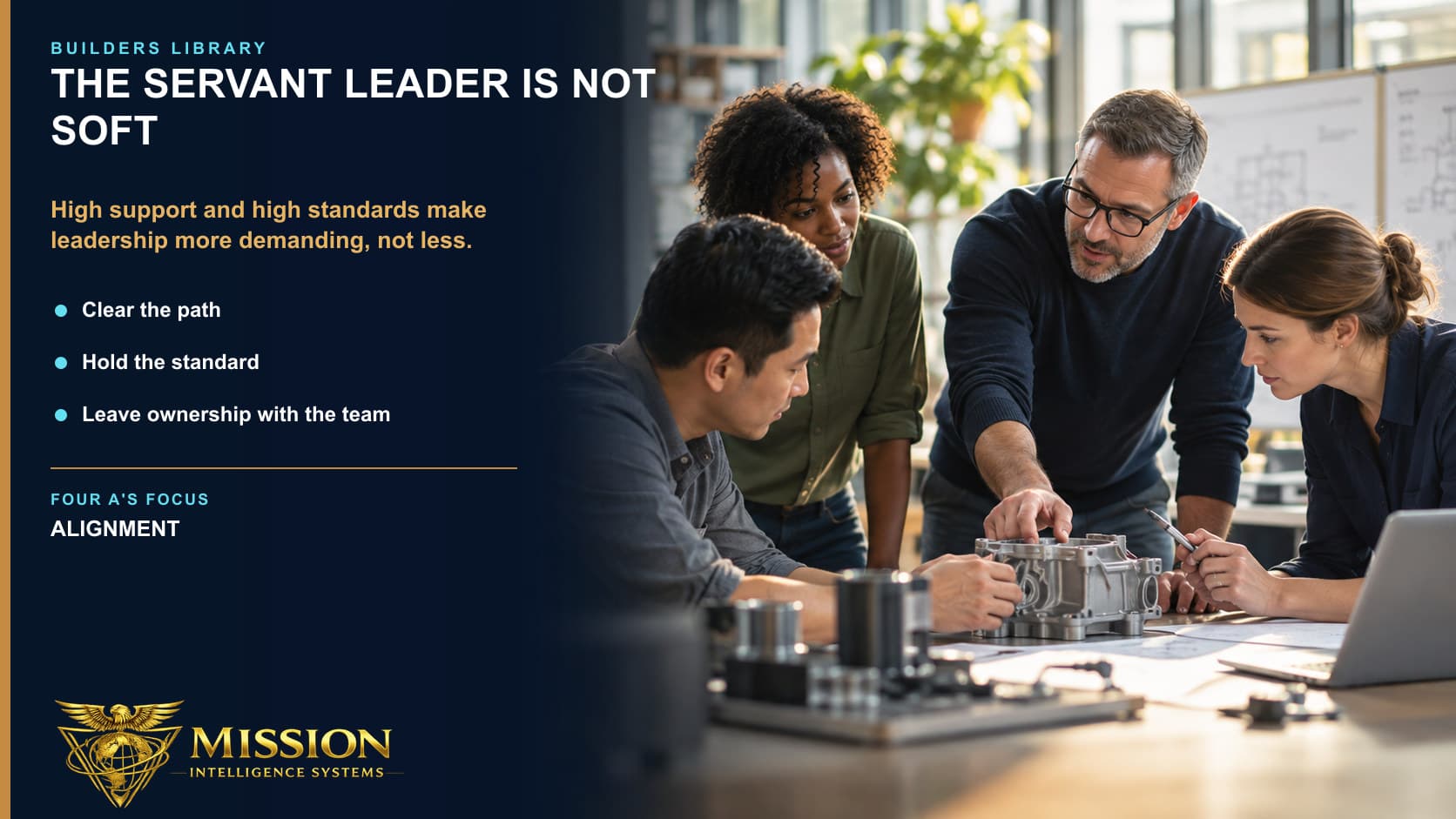 A leader works shoulder to shoulder with a team, helping them meet a demanding quality standard while leaving ownership with the builders.