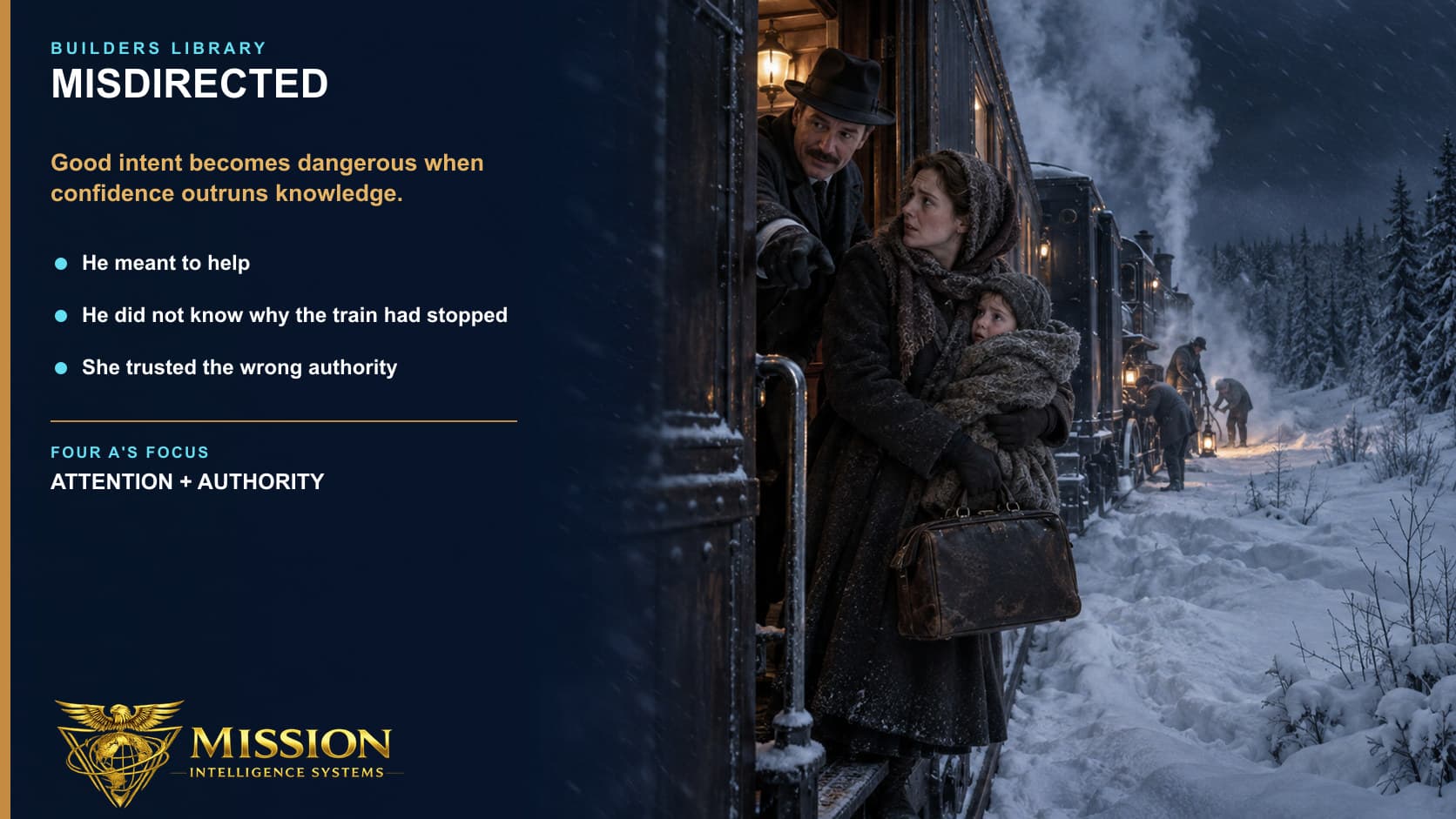 A well-meaning passenger directs a mother holding her child out of a stopped steam train into a winter storm while the crew repairs the locomotive between stations.