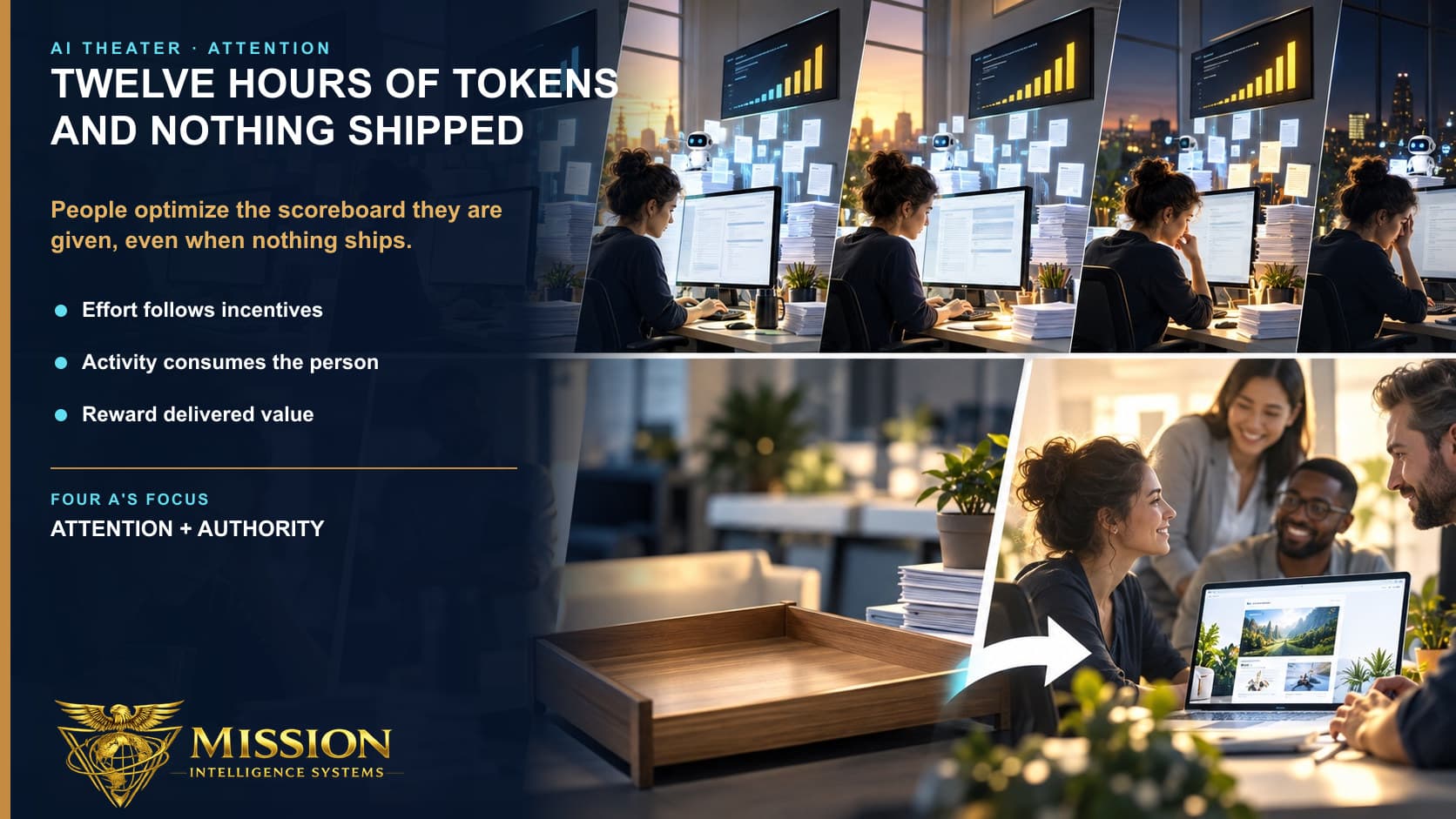 A dedicated professional works from daylight into evening as AI activity grows while the customer delivery tray stays empty.