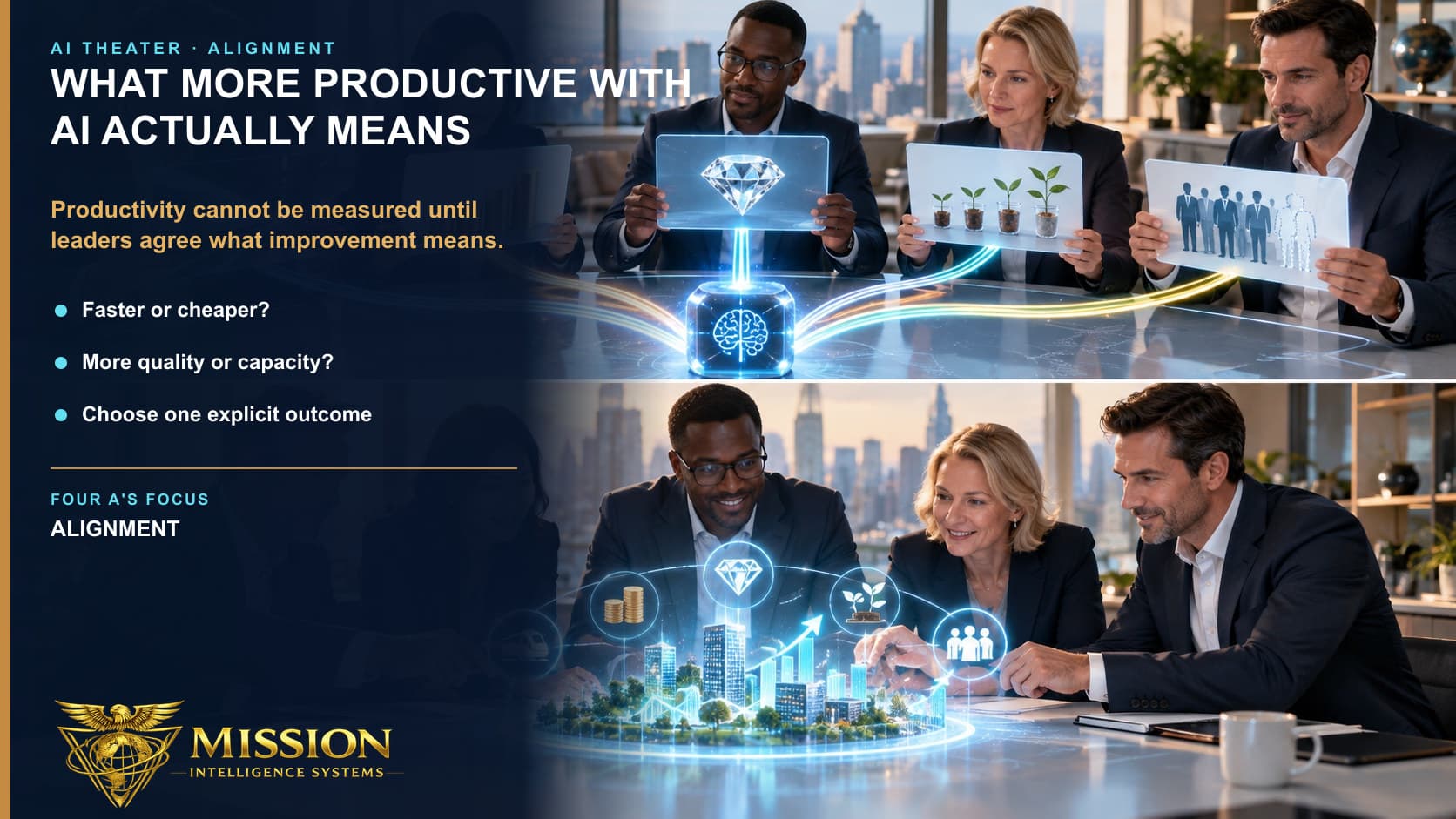 Five executives hold different pictures of AI productivity before combining them into one explicit outcome model.