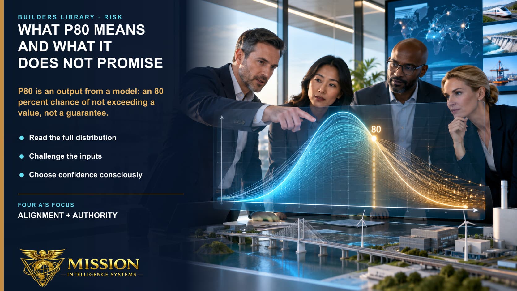 Program leaders examine an 80th-percentile marker on a simulated outcome distribution whose remaining paths make clear that P80 is modeled confidence rather than a guarantee.