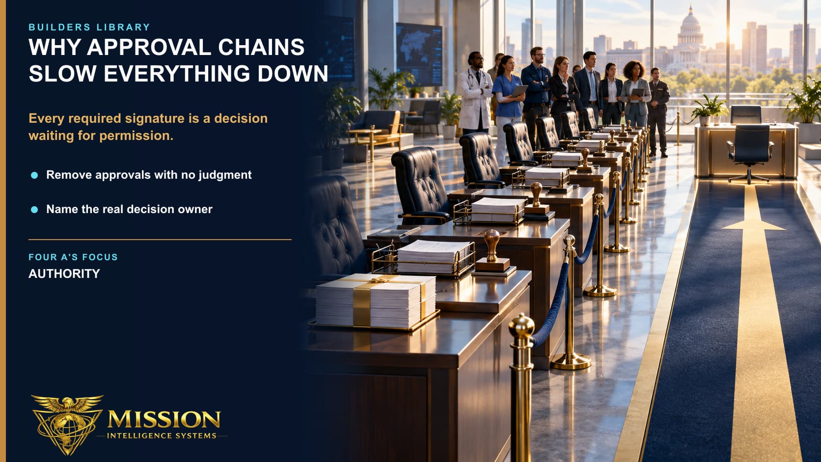 A multidisciplinary team waits behind a long row of empty approval stations while one direct decision path remains open.