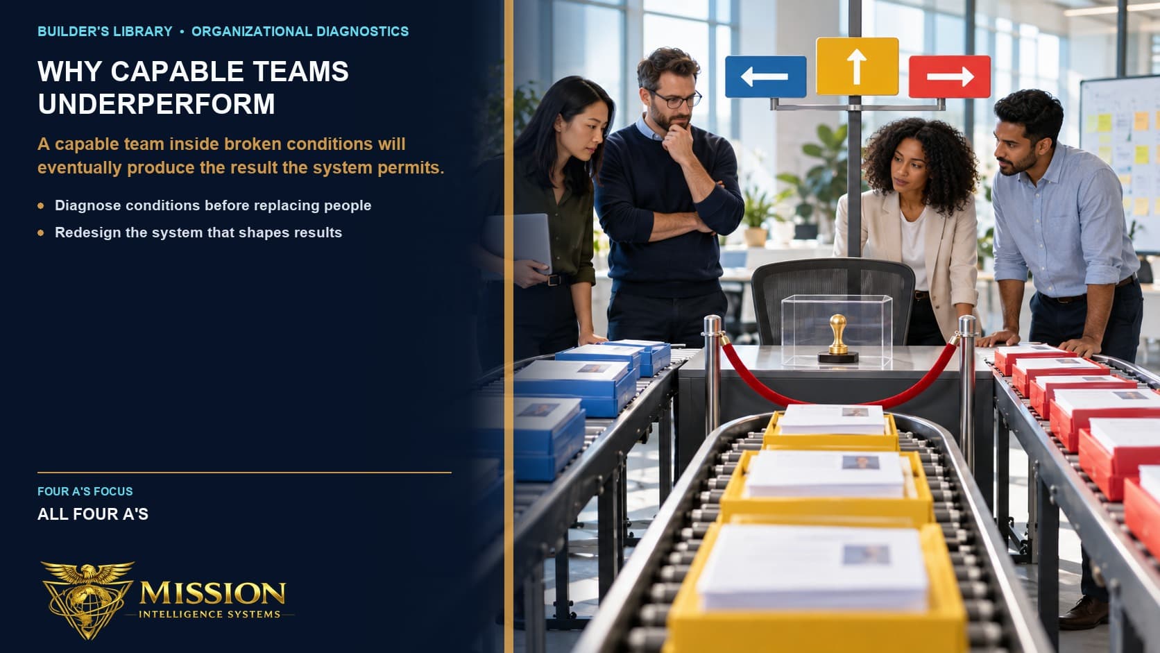 A skilled cross-functional team has completed its work, but conflicting priority queues converge on an empty approval station with the decision token out of reach.