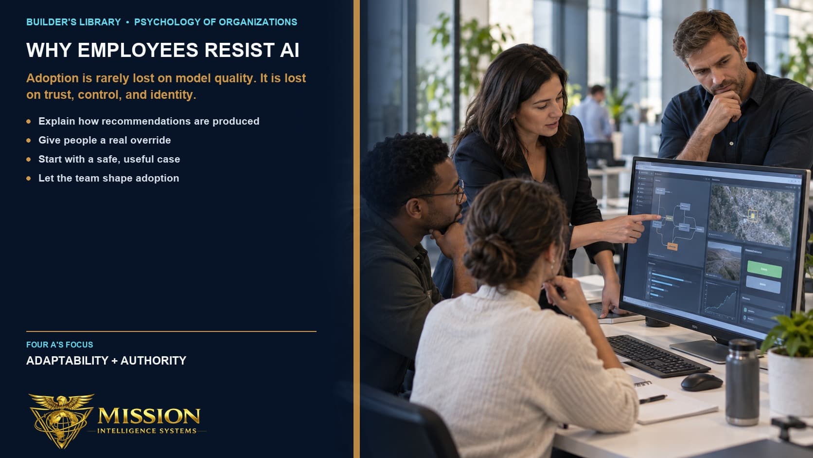 A team tests an AI recommendation together as a leader makes its reasoning and human override visible rather than forcing adoption.