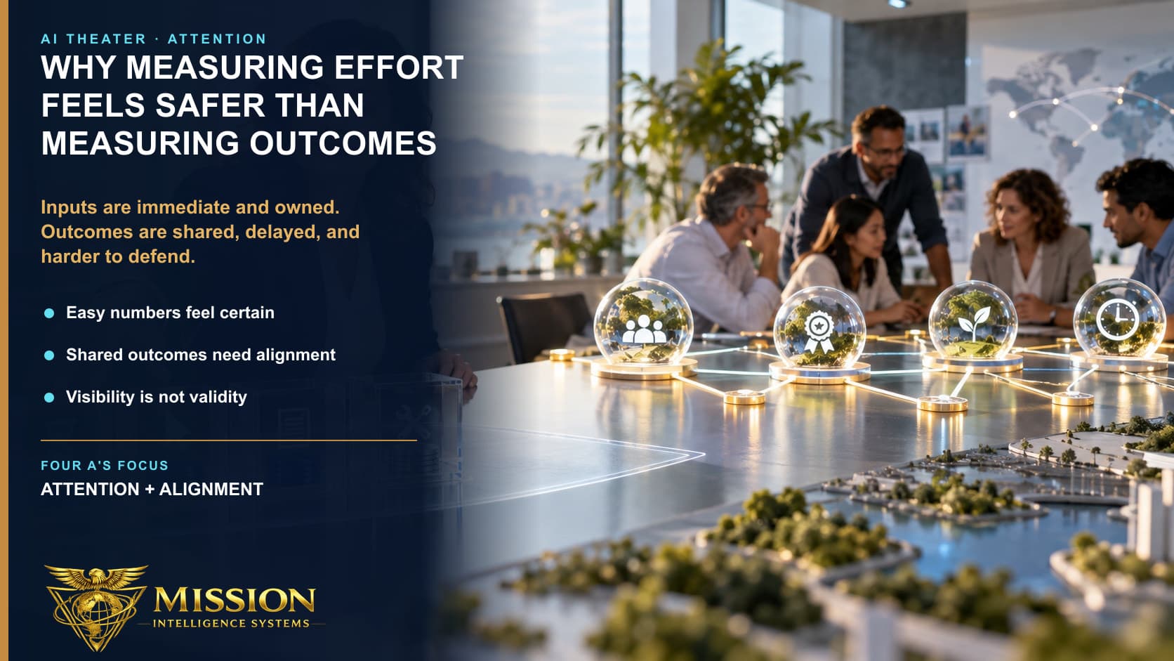 A leader reaches for neat immediate input counters while the real outcomes sit farther away across several connected teams.