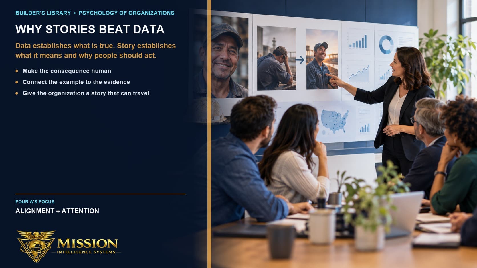 A leader connects statistical charts to one field worker’s concrete journey, drawing the audience toward the human meaning behind the data.