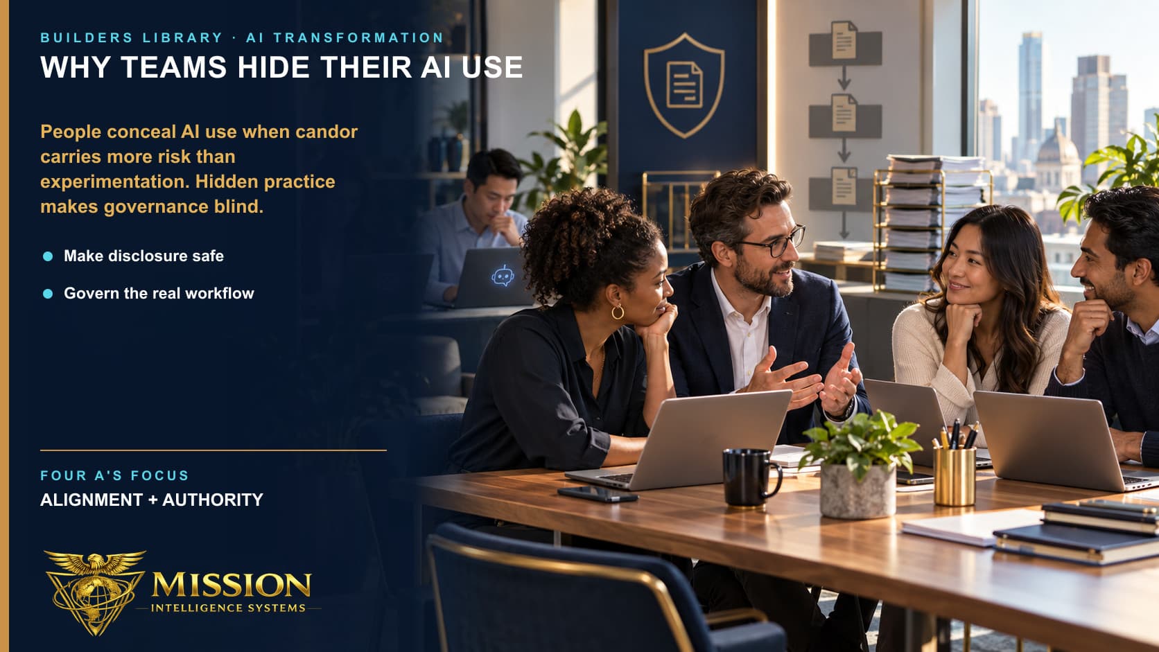 A psychologically safe team brings real AI use into an open conversation while hidden use and a rigid approval process remain visible in the background.