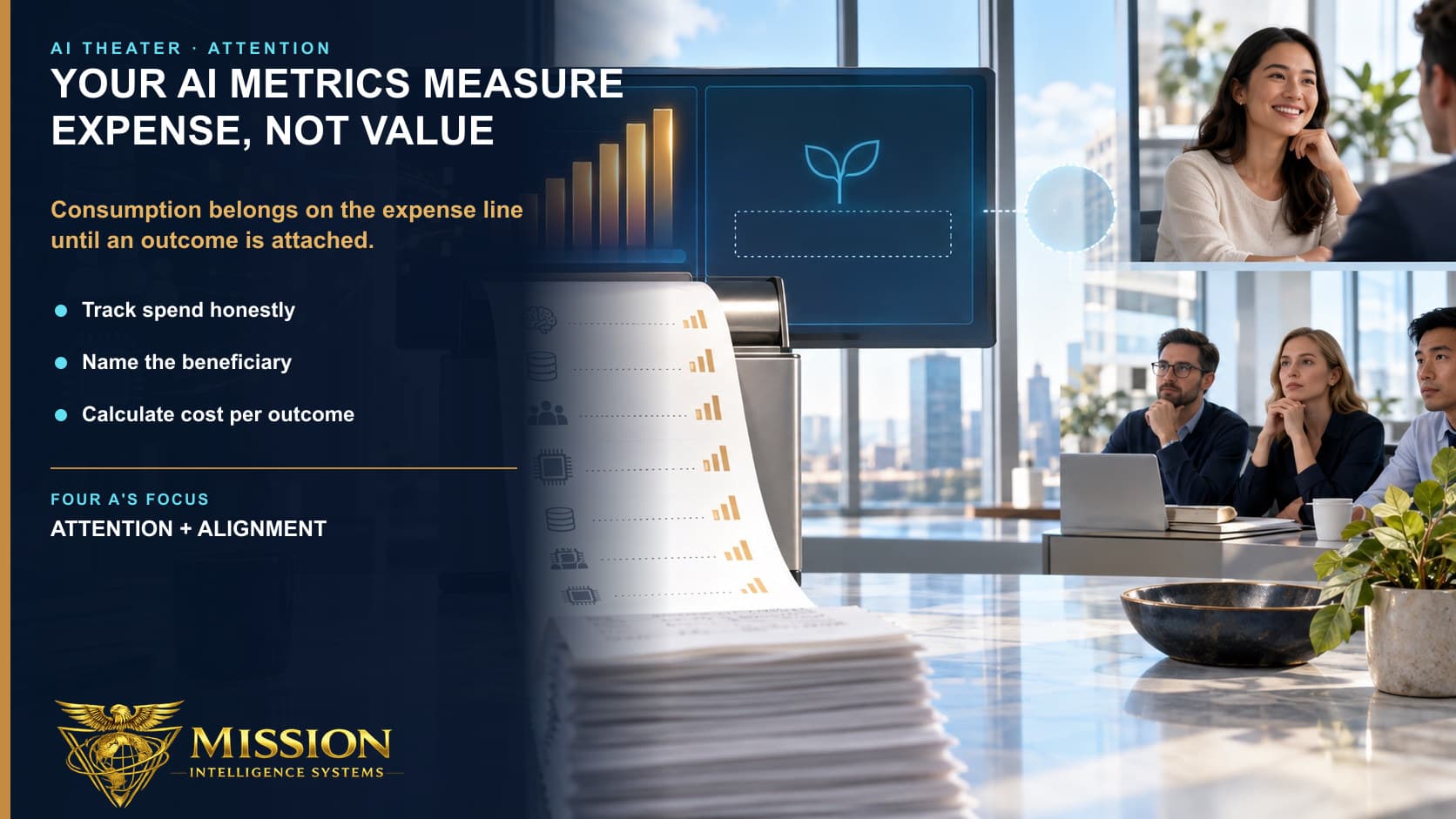 A polished AI consumption dashboard produces a growing expense receipt while customer value remains visibly unconnected.