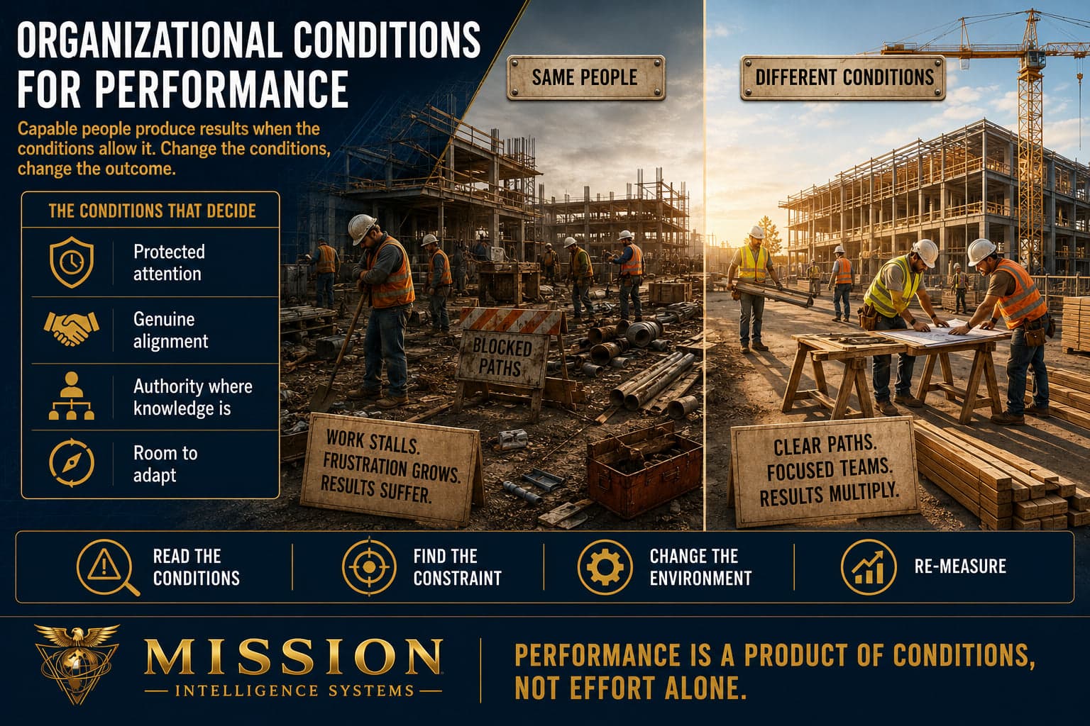 A construction site split into two crews of identical talent, one stalled under poor conditions and one building fast under strong conditions, showing that performance is a product of conditions.