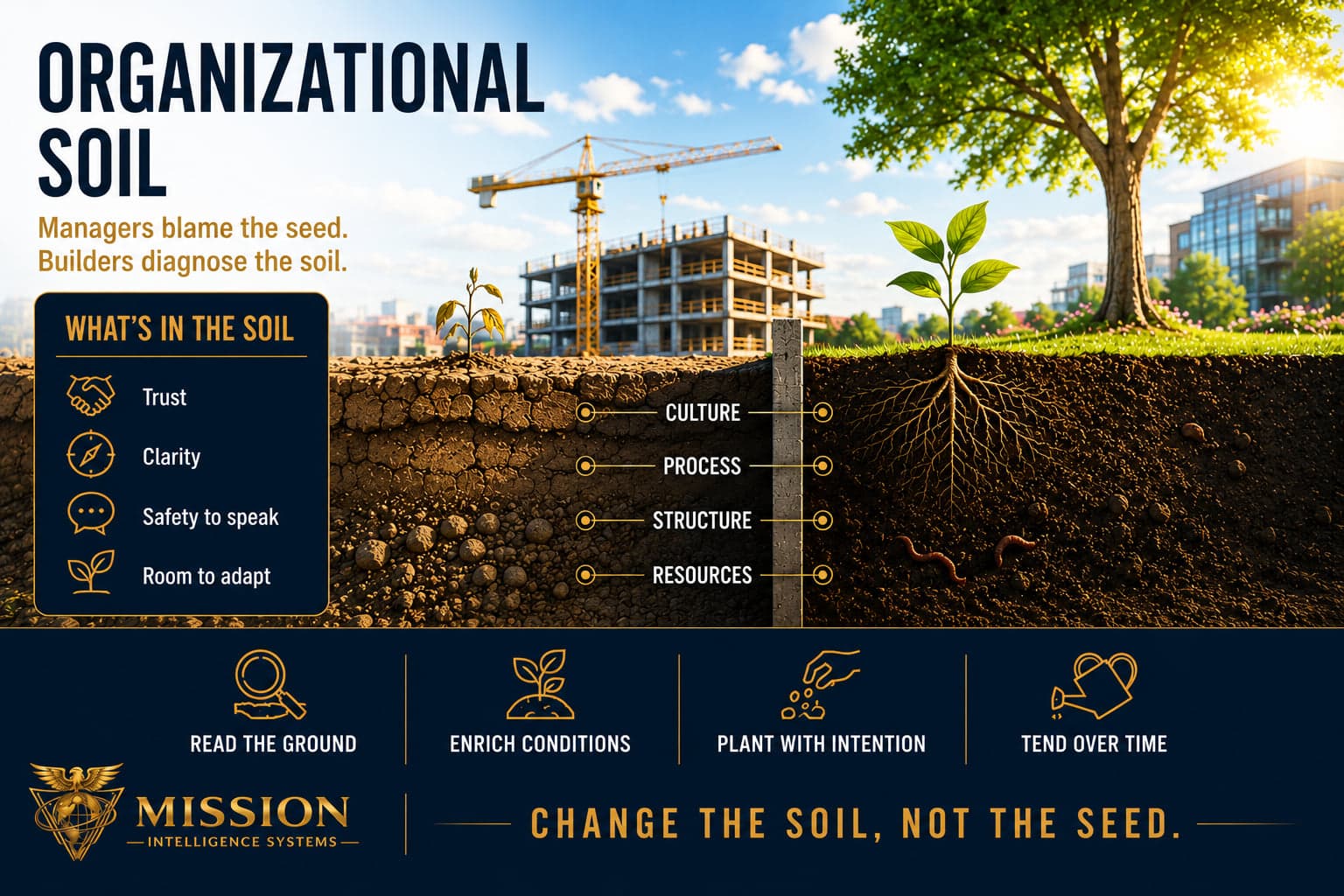 A soil cross-section contrasting depleted and rich earth with layered conditions of culture, process, structure, and resources.