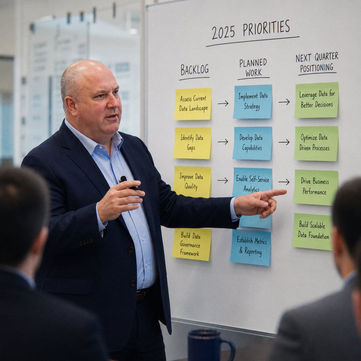 Dan Flynn presenting priorities at a whiteboard during an executive session