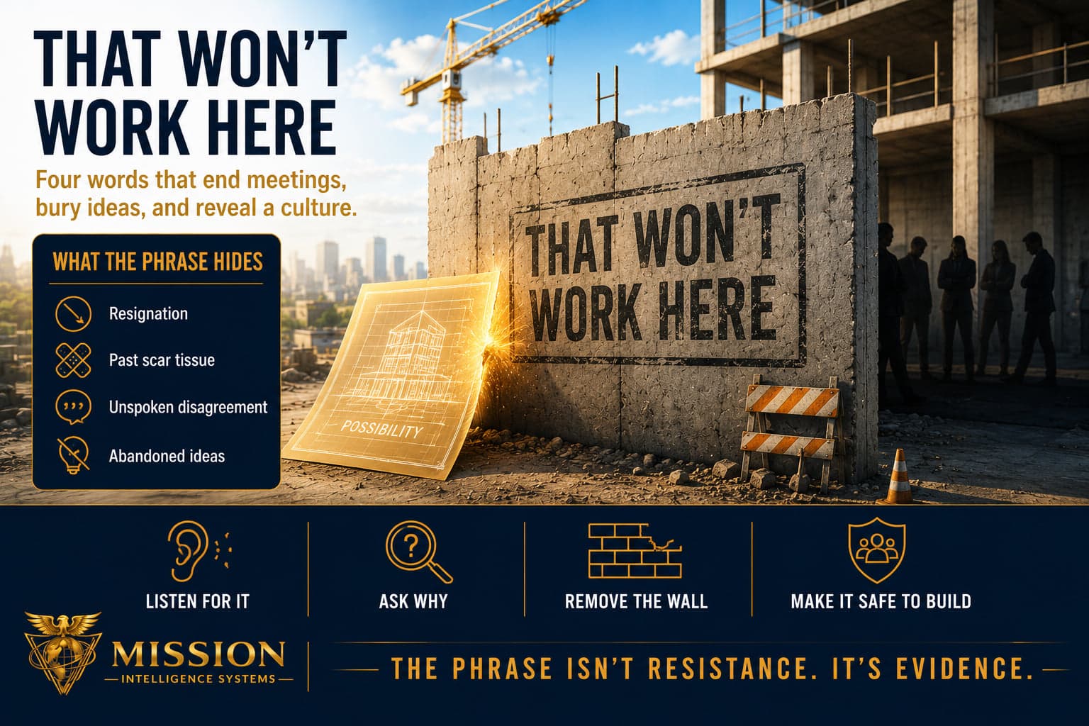 A concrete wall stamped with the phrase that will not work here, blocking a glowing blueprint of possibility on a construction site.