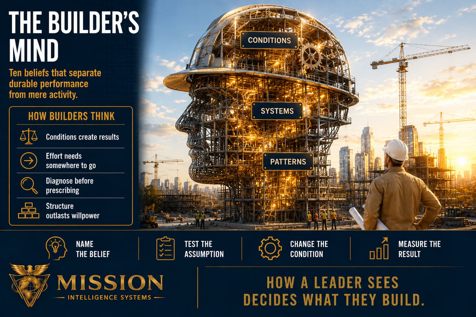 A human head formed from steel framework and blueprint lines with gears inside, labeled conditions, systems, and patterns, illustrating how builders think.