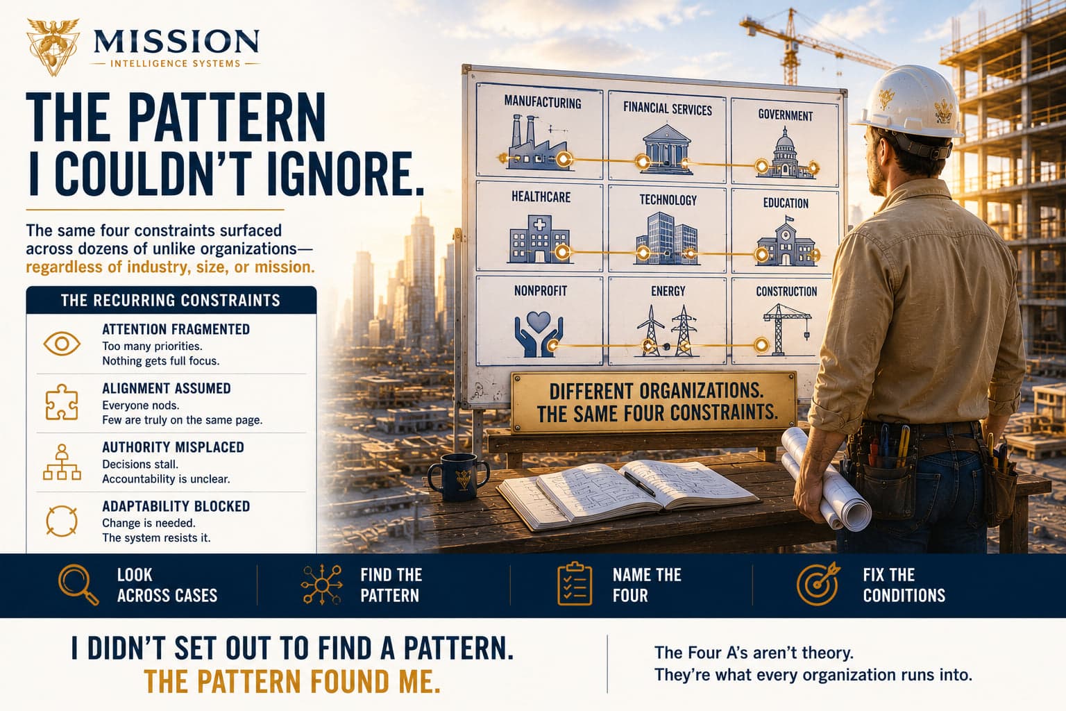 Two leaders viewing a grid of different industries that all share the same four constraints, illustrating the recurring pattern that became the Four As.