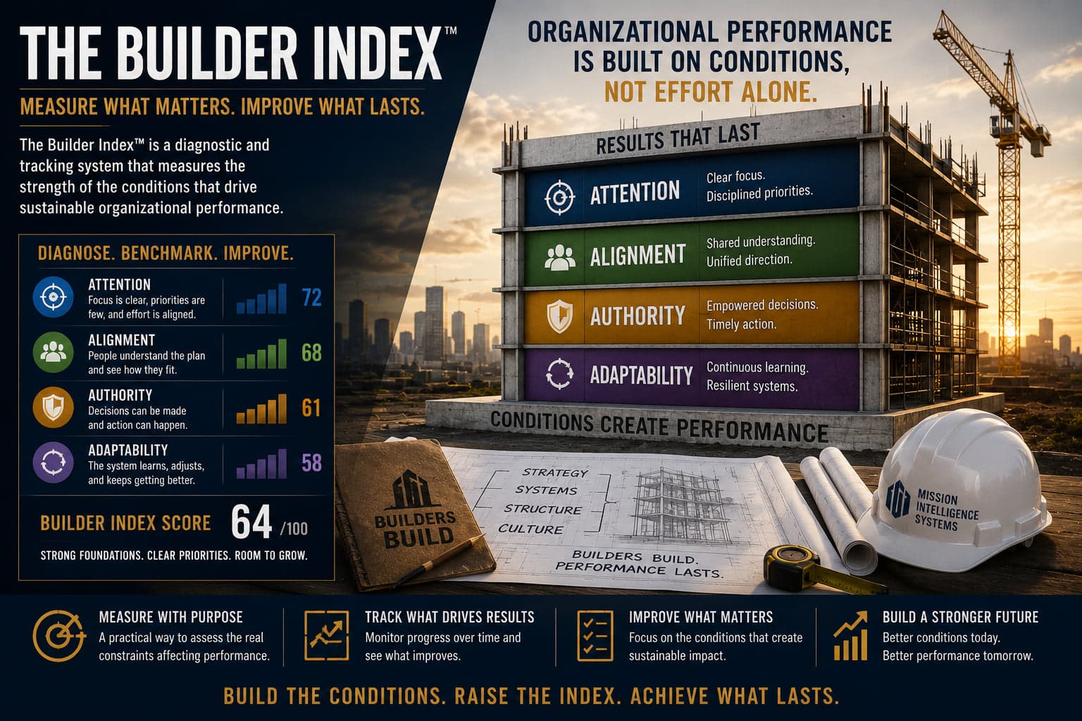 The Builder Index dashboard scoring Attention, Alignment, Authority, and Adaptability into a single organizational operating-health number.