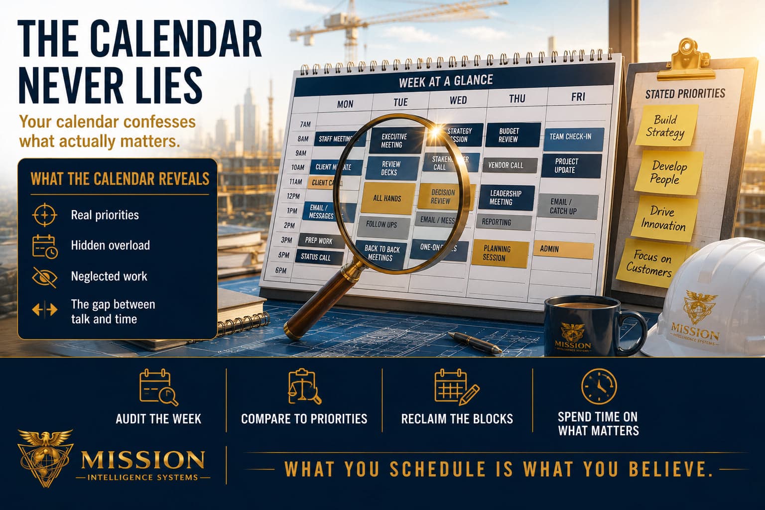 A magnifying glass over a packed weekly calendar beside a stated-priorities clipboard, showing the gap between stated priorities and where time actually goes.