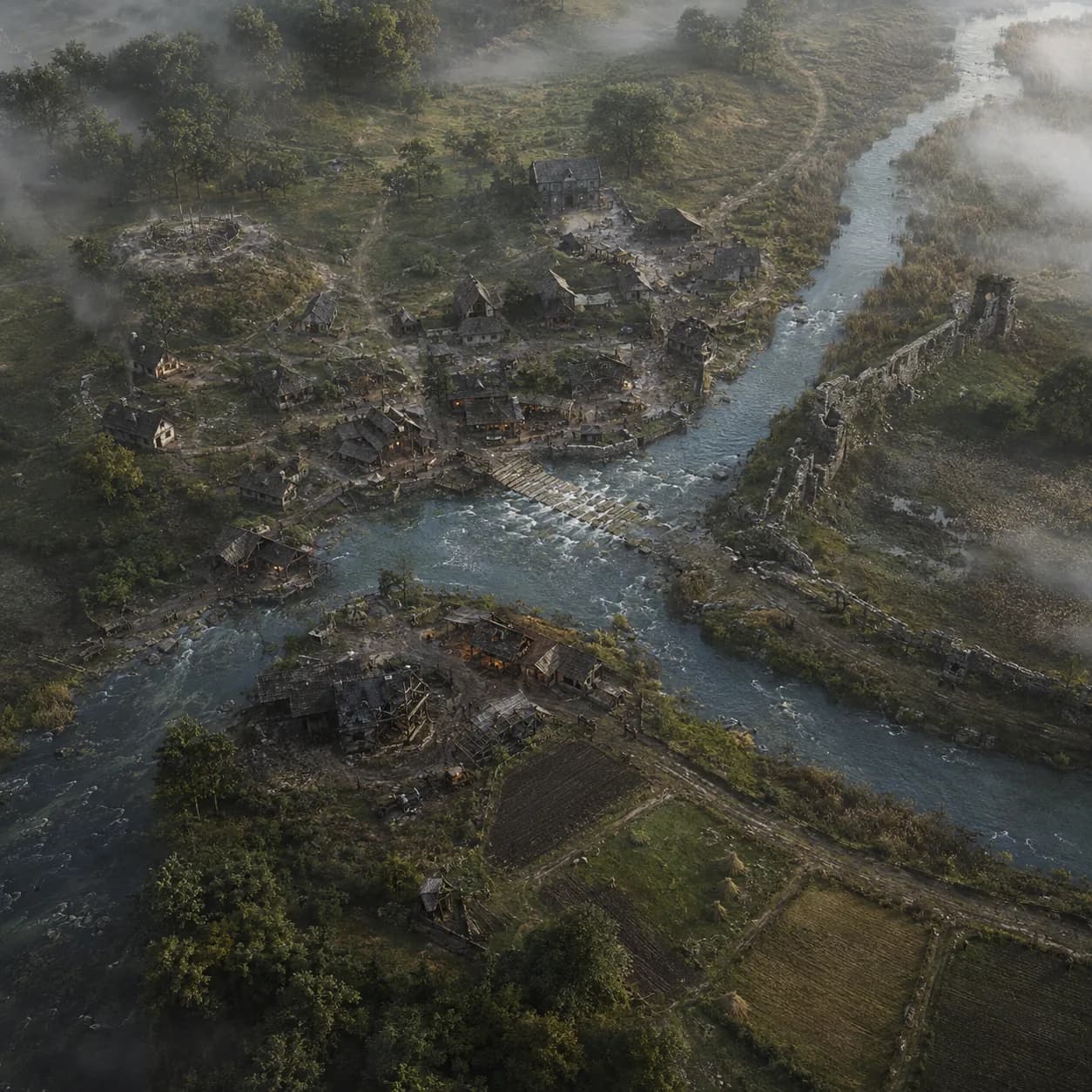 Emberford from above: the town on the west bank of the Wend, the ford of stepping stones, the broken wall along the east bank, and the fen upriver under morning mist