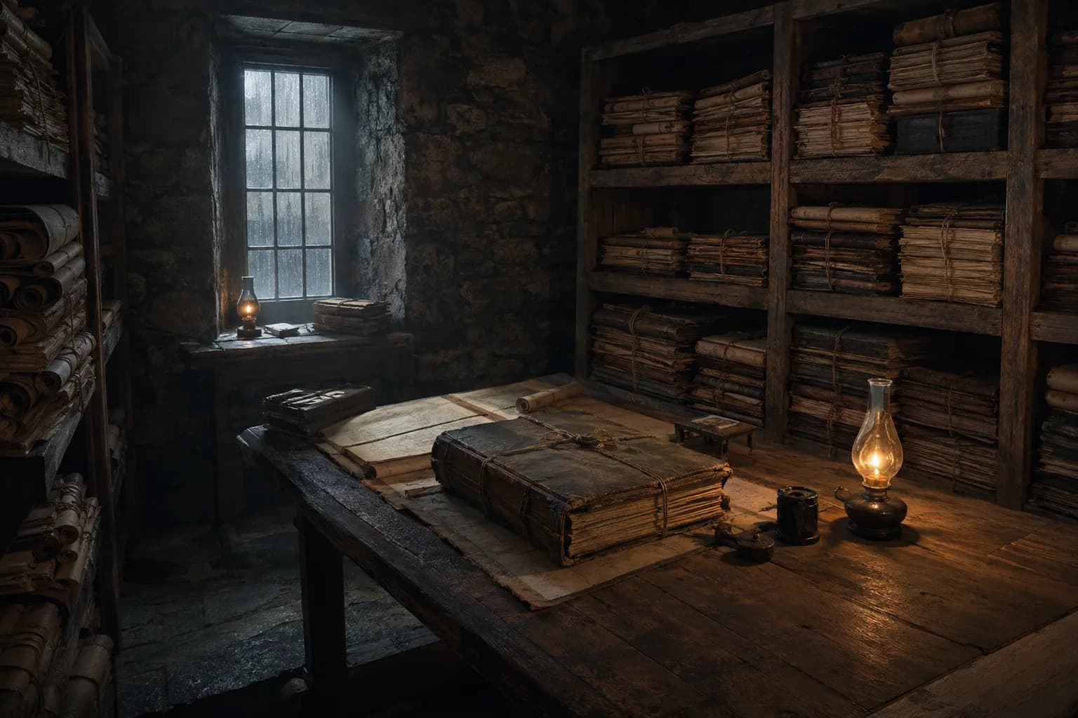 The Record Room in Emberford: Concord ledgers in stacks on Lamplighter ground, most of them unread since they were shelved
