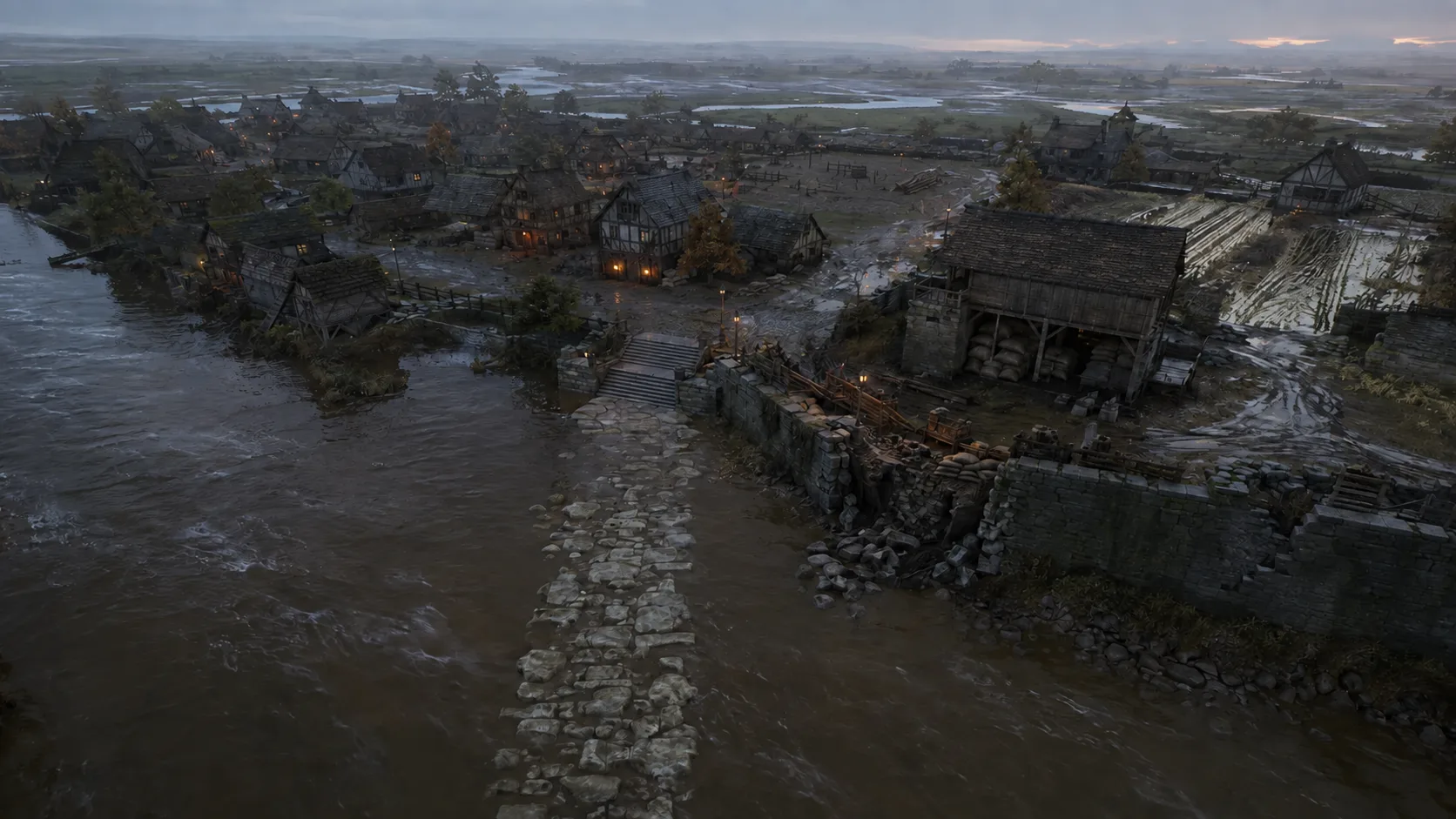 Emberford from above: the town on the west bank of the Wend, the ford of stepping stones, the broken wall along the east bank, and the fen upriver under morning mist
